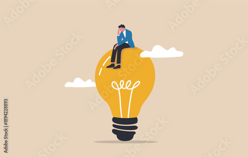 Man sitting on a giant light bulb, contemplating new ideas