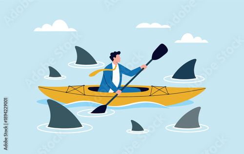 Businessman navigating through shark-infested waters, symbolizing business challenges and risks