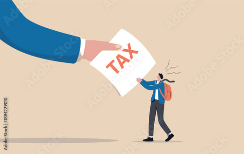 An individual feels the burden of taxation as a large hand presents a tax document