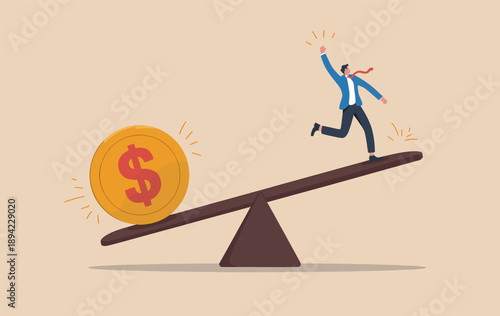Businessman running on a seesaw balanced by a large dollar coin