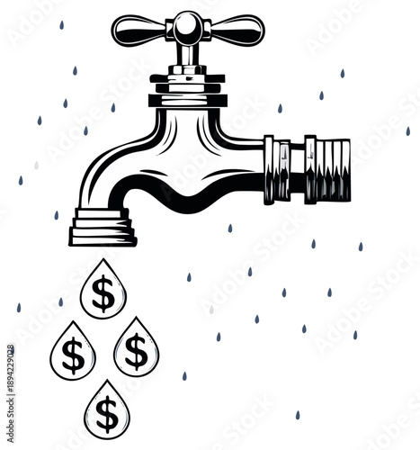 Conceptual Illustration of a Faucet Leaking Money Drops with Dollar Signs