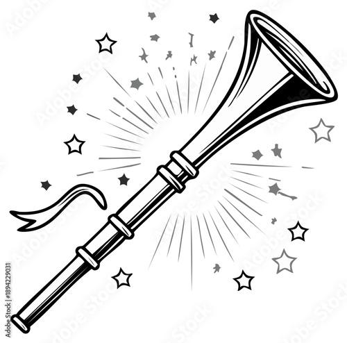 Illustration of a party horn with stars and celebratory rays in black and white