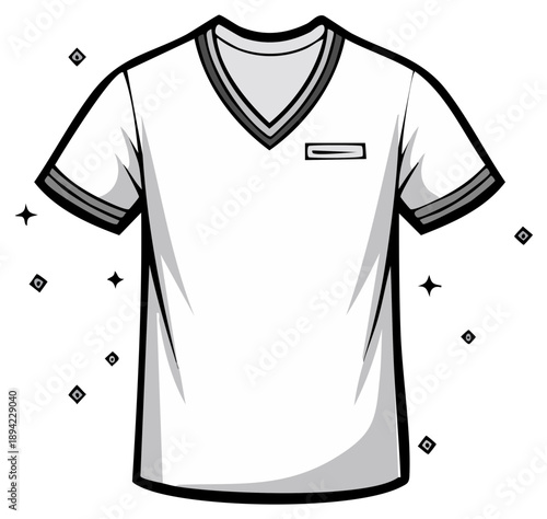 Illustration of a white V-neck t-shirt with a pocket and sleeve trim, black and white.