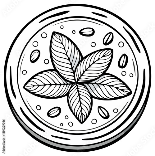 Delicious fresh green pesto sauce illustration with basil and pine nuts in a bowl monochrome outline