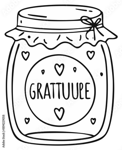Jar with heart decorations and text, black and white line art