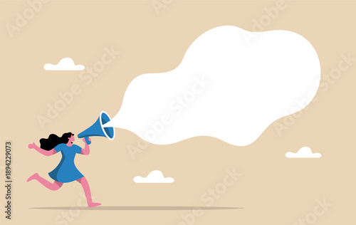 Dynamic woman running with a megaphone, broadcasting an important announcement or message