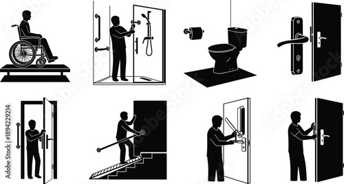 Accessibility silhouettes set, disabled friendly bathroom doors ramps wheelchair safety installation isolated black illustration