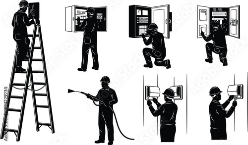 Electrician silhouettes set, electrical panel installation maintenance isolated black professional technician illustration collection