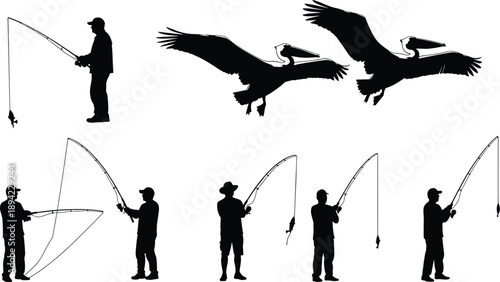 Fishing and pelican silhouettes set, anglers casting rods birds flying isolated black wildlife illustration