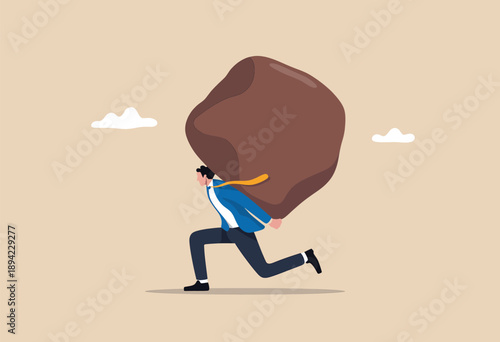 Businessman struggling to run while carrying a massive burden on his back