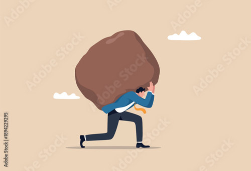 Man carrying a huge rock on his back symbolizes burden and hardship