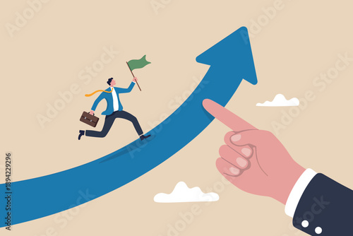 Businessman running up a blue arrow with a flag and a hand pointing