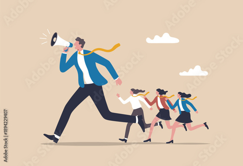 Business leader with megaphone leads team forward