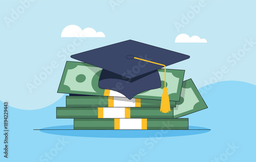 Graduation cap and money stack illustration