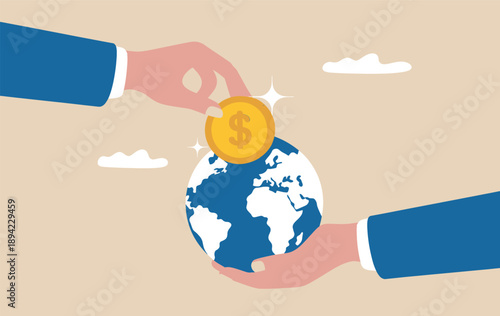 A hand places a coin with dollar symbol onto a globe held by another hand
