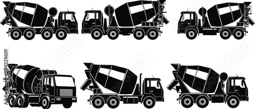 Concrete mixer truck silhouettes set, construction cement vehicles isolated black industrial machinery transport illustration