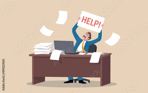 Overwhelmed office worker holding a help sign amidst scattered papers