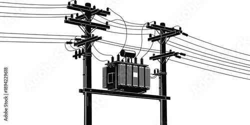 Electrical power transformer silhouettes, utility poles lines isolated black energy infrastructure illustration collection industrial grid