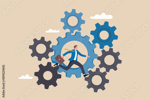 Man running inside gears representing a system