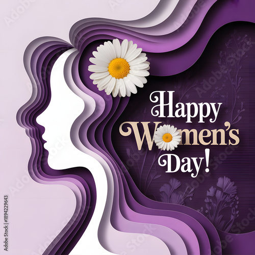 A vibrant illustration celebrating Women's Day with a purple and white theme