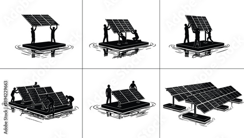 Solar panel installation silhouettes set, renewable energy workers assembling photovoltaic systems isolated black illustration