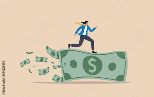 Businesswoman running on a giant dollar bill with money flying around