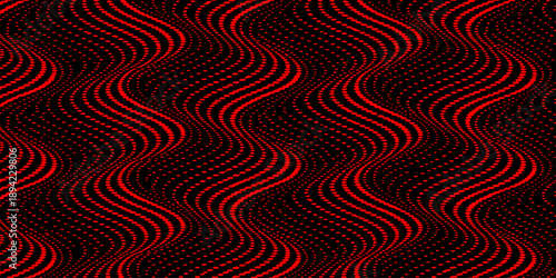Seamless vector illustration of an abstract red background featuring a psychedelic heart pattern with colorful orange waves and decorative fractal lines for a motion-filled wallpaper design
