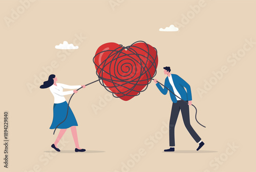 Couple untangling a tangled heart, symbolizing relationship challenges