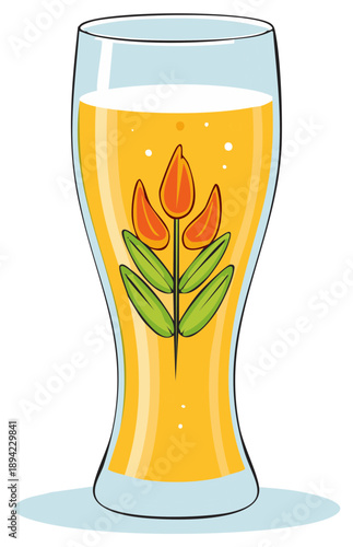 Vibrant cartoon illustration of a pilsner glass filled with golden beer and hop plant art