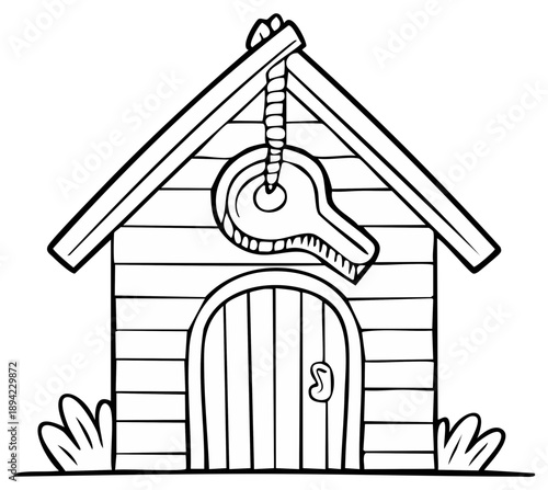Whimsical doghouse illustration with a hanging dog tag and simple foliage outline