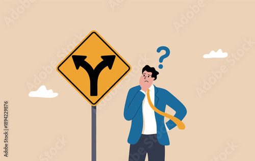 Man standing at a fork in the road, contemplating a decision