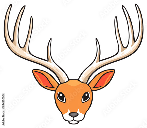 Vivid Cartoon Deer Head with Impressive Antlers Facing Forward Graphic Design
