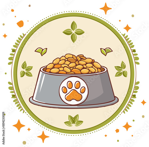 Bowl full of pet food illustration with paw print and decoration for design, postcards, poster.