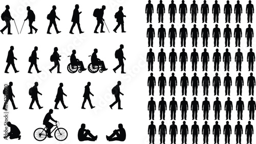 Human silhouettes set, walking standing sitting cycling wheelchair poses isolated black people figures collection vector