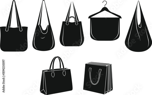 Shopping bag silhouettes set, tote handbags paper bags isolated black retail fashion packaging illustration