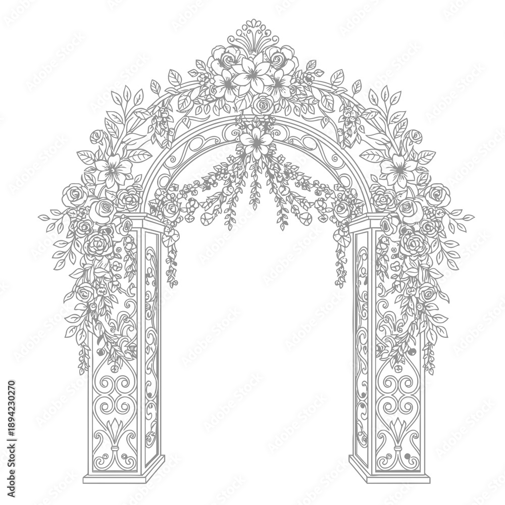 Obraz premium Wedding Gate Line Art Vector Illustration | Elegant Ceremony Entrance Outline | Floral Wedding Decor Design