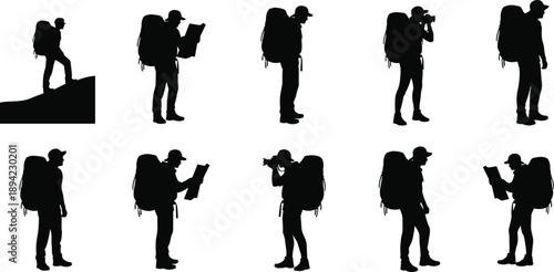 Backpacker hiker silhouettes set, trekking traveler poses isolated black outdoor adventure exploration illustration collection