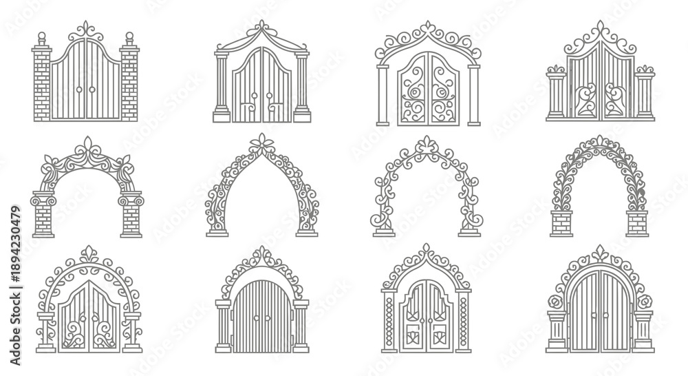 Fototapeta premium Wedding Gate Line Art Vector Illustration | Elegant Ceremony Entrance Outline | Floral Wedding Decor Design