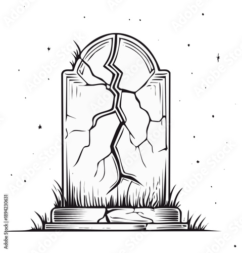 Cracked Headstone with Grass and Stars Symbolizing Death and Mourning