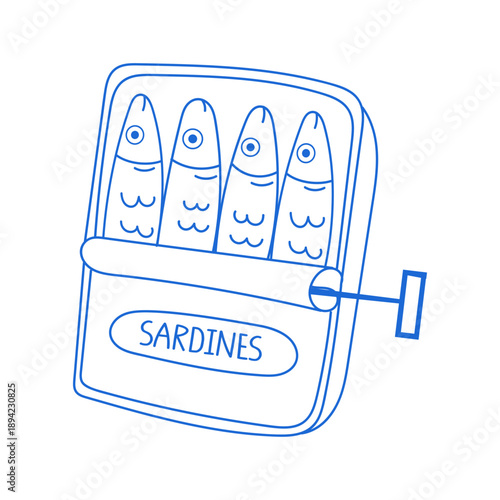 Cute illustration of an open can of sardines made in blue line art. Fish print outline.