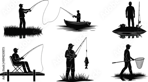 Fishing silhouettes set, anglers casting rods from boat shore dock lake outdoor recreation activity