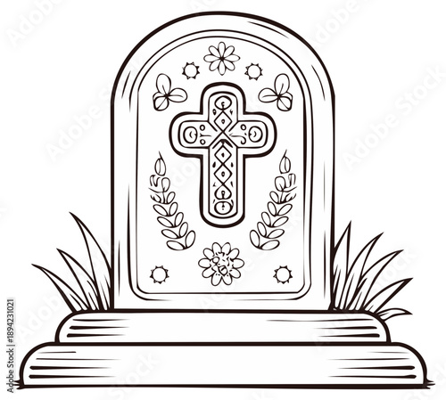 Grave Marker Line Art Featuring Cross and Floral Decorations for Remembrance