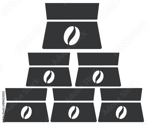 Coffee bags stacked with a coffee bean symbol representing coffee and packaging.