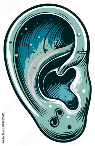 Stylized Human Ear Illustration with Abstract Waves and Bubbles, Hearing Concept