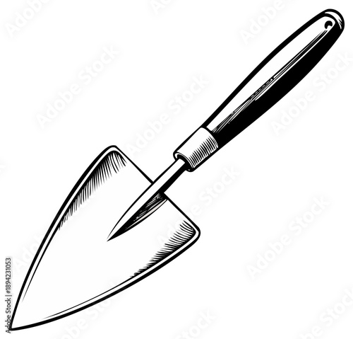 Black and White Illustration of a Garden Trowel with Hatching Detail