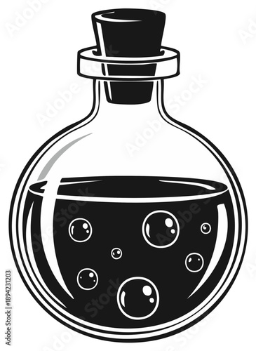 Mysterious black liquid in a round glass potion bottle with bubbles and cork stopper