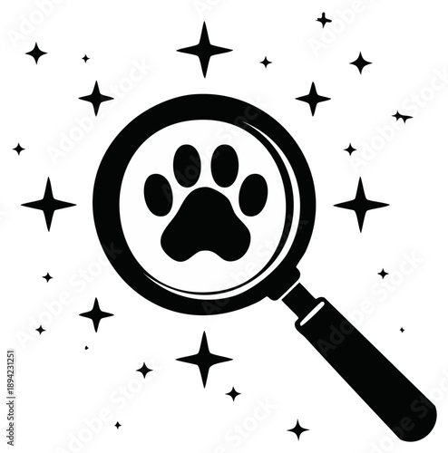 Magnifying Glass Searching for a Pet Paw Print with Sparkles Black and White Vector Icon
