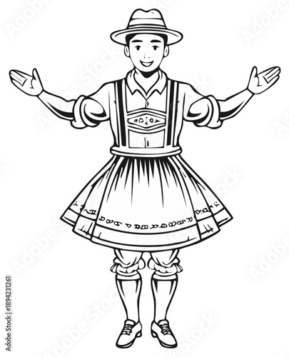 Cheerful man in traditional German folk costume in a welcoming pose line art illustration