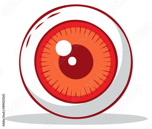 Cartoon drawing of a round eye with white sclera and orange iris creating a spooky and whimsical feeling in a stylized illustration
