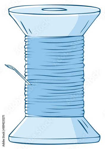 Cartoon illustration of a blue spool of thread and needle for sewing and crafts
